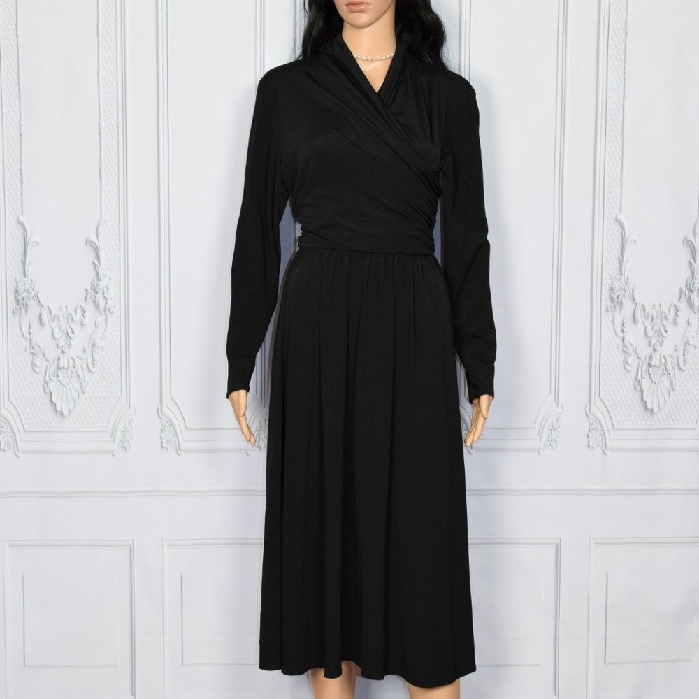 Vintage 70s Susan Howard California Black Polyester Midi Long Sleeve Dress